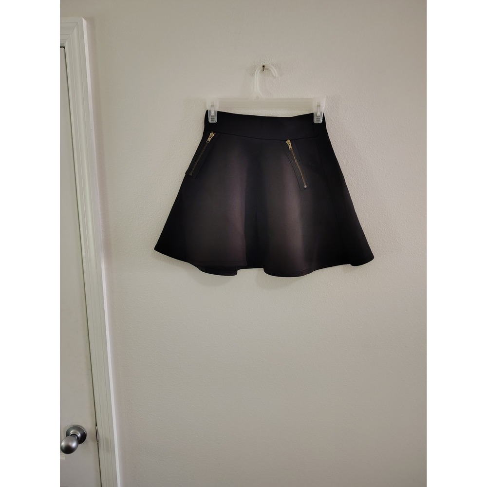 Rue21 Womens Black Skater Mini Skirt Gold Zipper Accents Scuba Flare Size XS